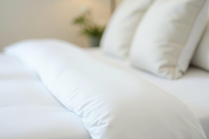 Immaculately made bed with crisp white linens and decorative pillows