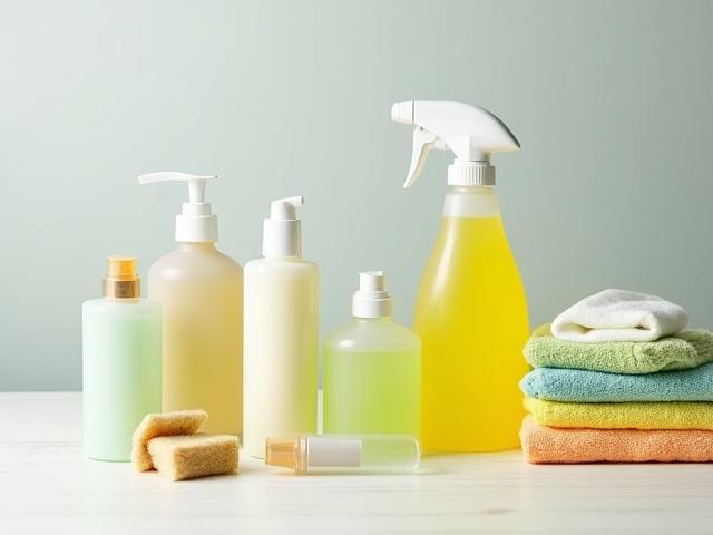 Assortment of eco-labeled cleaning products and microfiber cloths.