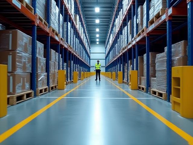 Clean, well-organized production area with clear floor markings. A worker in a high-visibility vest stands near a pallet rack, indicating order and safety.