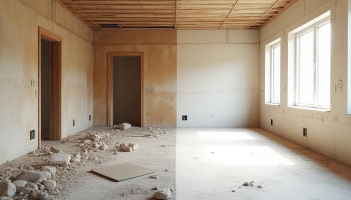 Before and After Post-Construction Clean showing dusty construction site transforming into a sparkling clean room