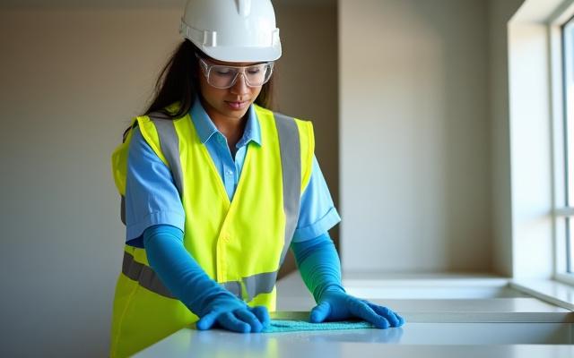 JLR Cleaning team member in hard hat and hi-vis vest on a construction site, demonstrating safety compliance.